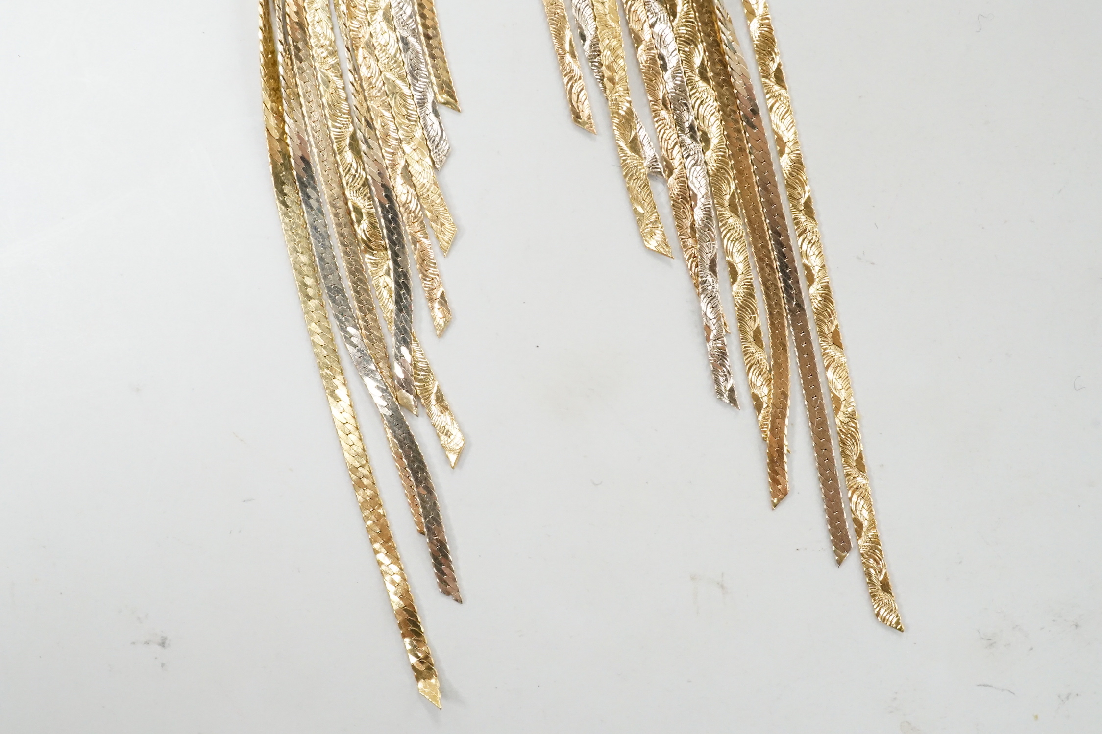 A modern pair of three colour 750 graduated tassel drop earrings, overall 95mm, 8.7 grams.